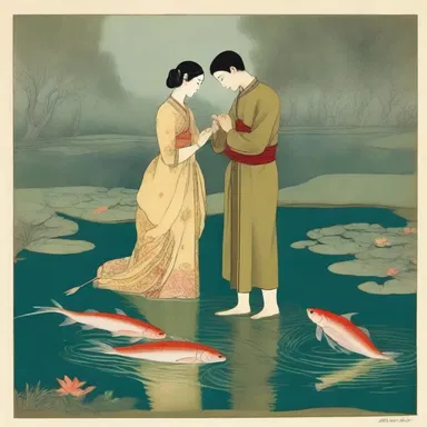 The lovers visited a picturesque pond where they admired the graceful movement of the Anaspid fish, symbolizing their everlasting love.