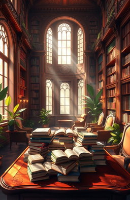 A beautiful digital painting of an inviting library with warm, ambient lighting