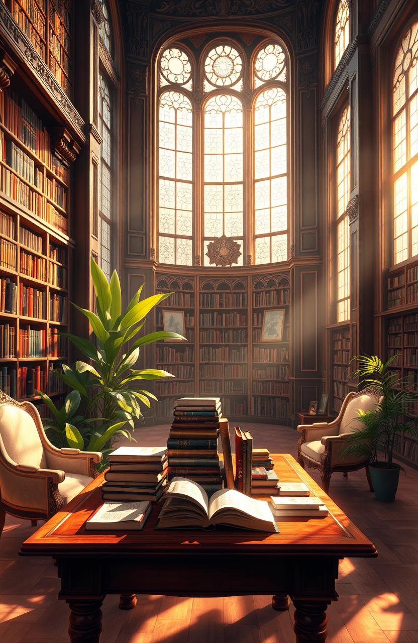 A beautiful digital painting of an inviting library with warm, ambient lighting