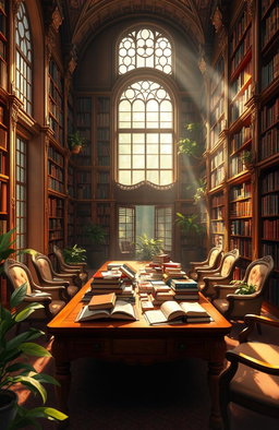 A beautiful digital painting of an inviting library with warm, ambient lighting