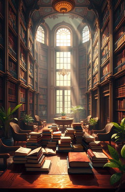 A beautiful digital painting of an inviting library with warm, ambient lighting