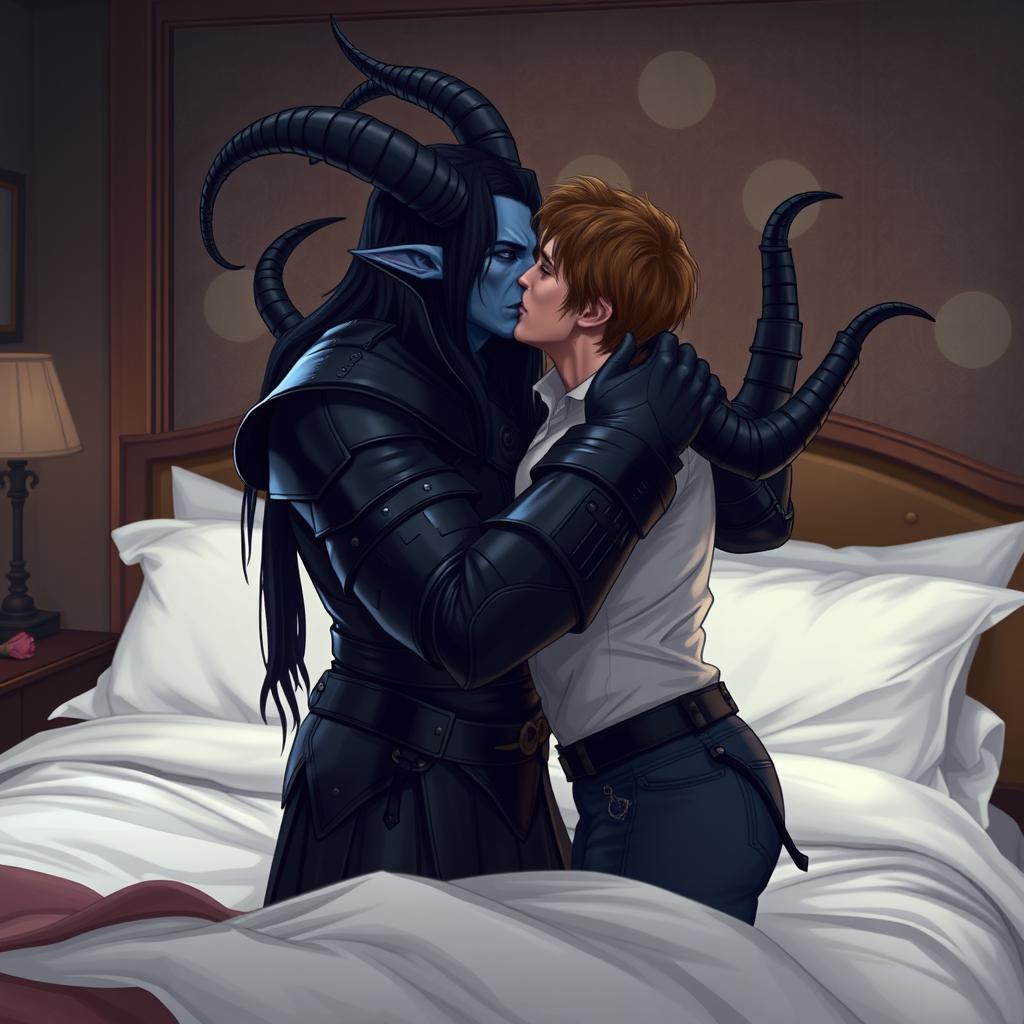 A blue tiefling man with long black hair and elegantly curved horns, equipped with six muscular arms, dressed in sleek black leather armor, is passionately kissing a wiry man