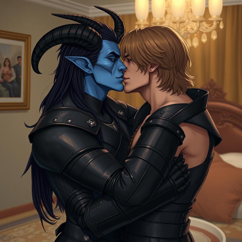 A blue tiefling man with long black hair and beautifully curved horns, adorned in sleek black leather armor, passionately kissing a wiry man with shoulder-length greasy light brown hair