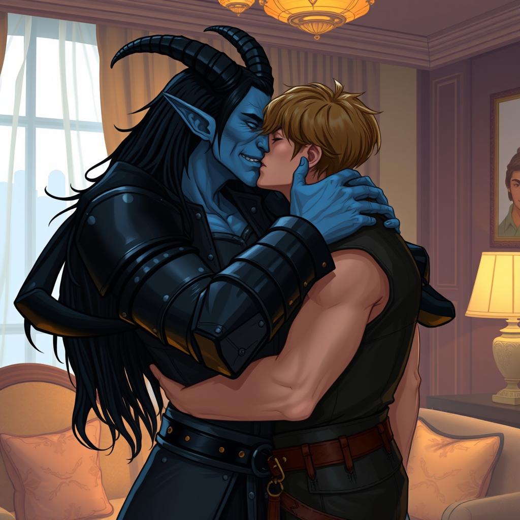 A blue tiefling man with long black hair and curved horns, possessing six arms, is depicted in a passionate kiss with a wiry man who has shoulder-length greasy light brown hair