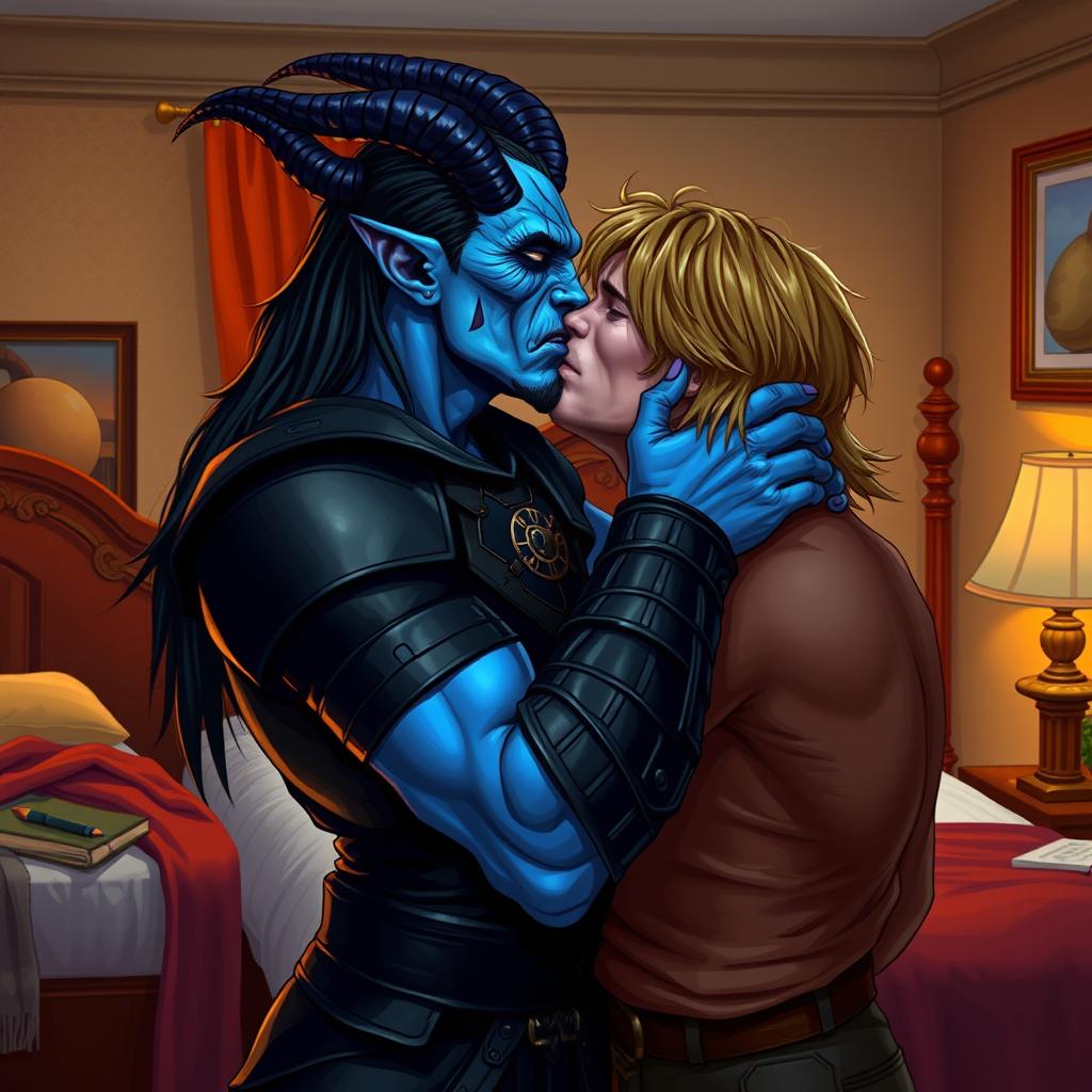 A blue tiefling man with long black hair and curved horns, dressed in sleek black leather armor, is passionately kissing a wiry man with shoulder-length greasy light brown hair