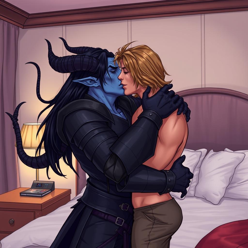 A blue tiefling man with long black hair, elegantly curved horns, and six arms, clad in sleek black leather armor, is passionately kissing a thin, wiry man with shoulder-length greasy light brown hair