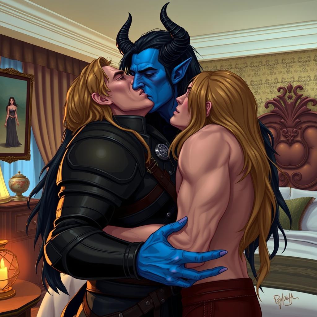 A blue tiefling man with long, flowing black hair and curved horns, wearing sleek black leather armor