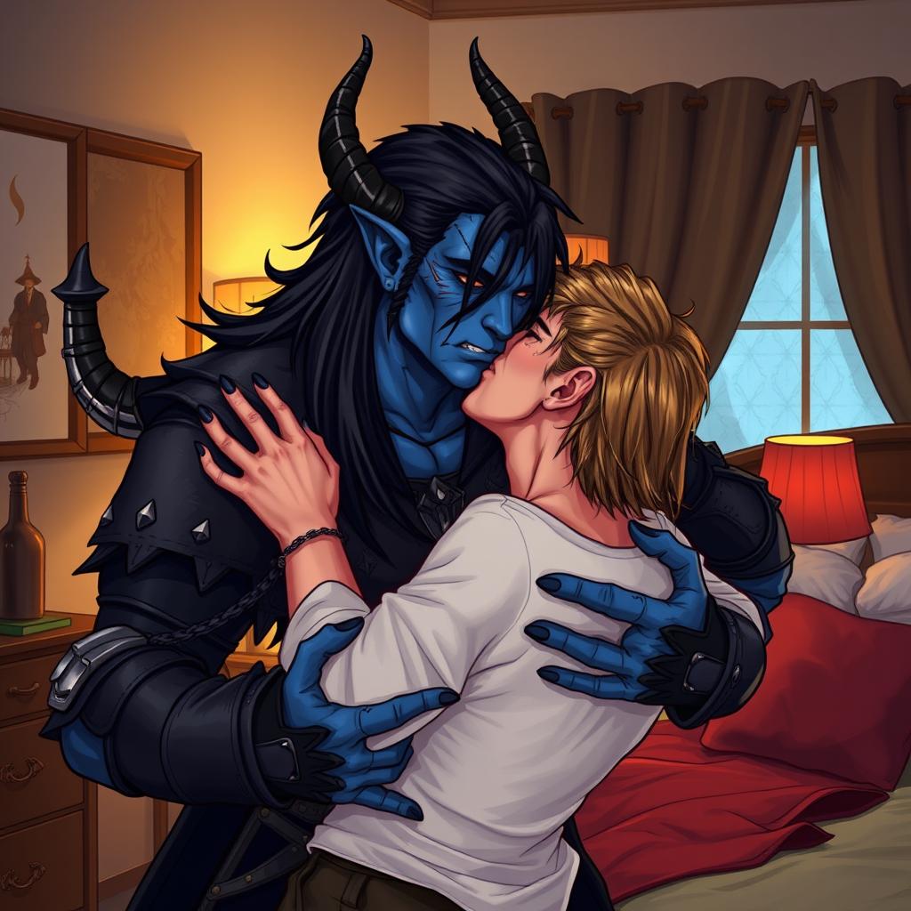 A blue tiefling man with long black hair and sleek curved horns, showcasing an impressive six arms, dressed in dark and rugged black leather armor