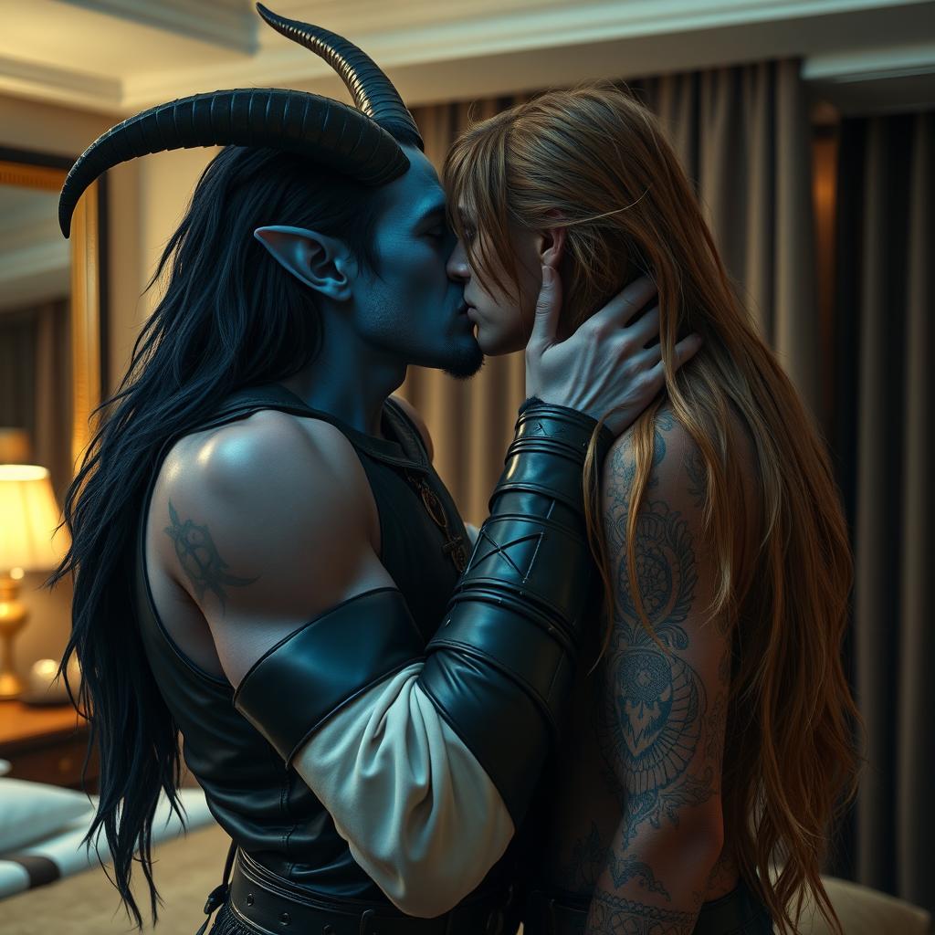A blue tiefling man with long black hair and elegantly curved horns passionately kissing a thin wiry man with long greasy light brown hair
