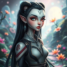 A beautiful female alien with a unique blend of features resembling a panda and a woman