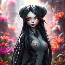 A beautiful female alien with a unique blend of features resembling a panda and a woman