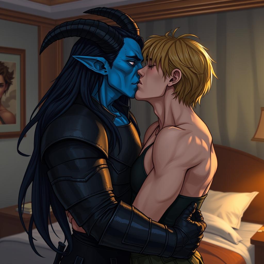 A blue tiefling man with long flowing black hair and elegantly curved horns passionately kissing a thin, wiry man with semi-long, greasy light brown hair