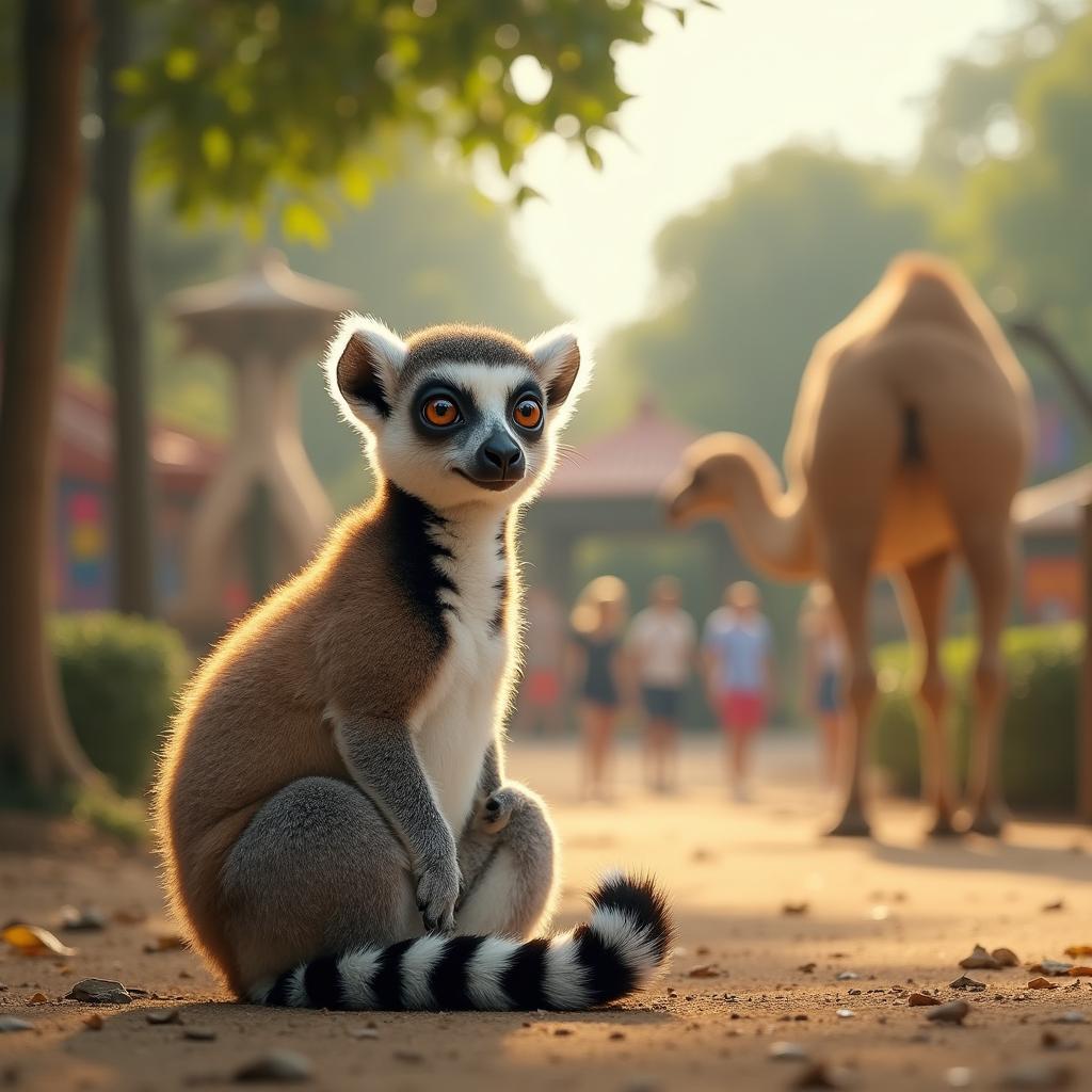 A cute lemur sitting adorably on the ground, with its large expressive eyes and fluffy tail curled around its body