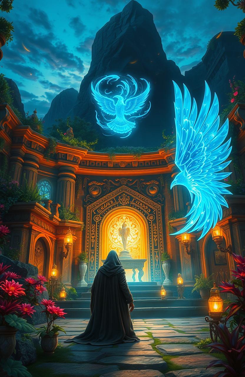 A mystical and elaborate fantasy world featuring a shimmering artifact known as the Crystal Raven, intricately designed with exquisite crystal feathers glowing with an ethereal light