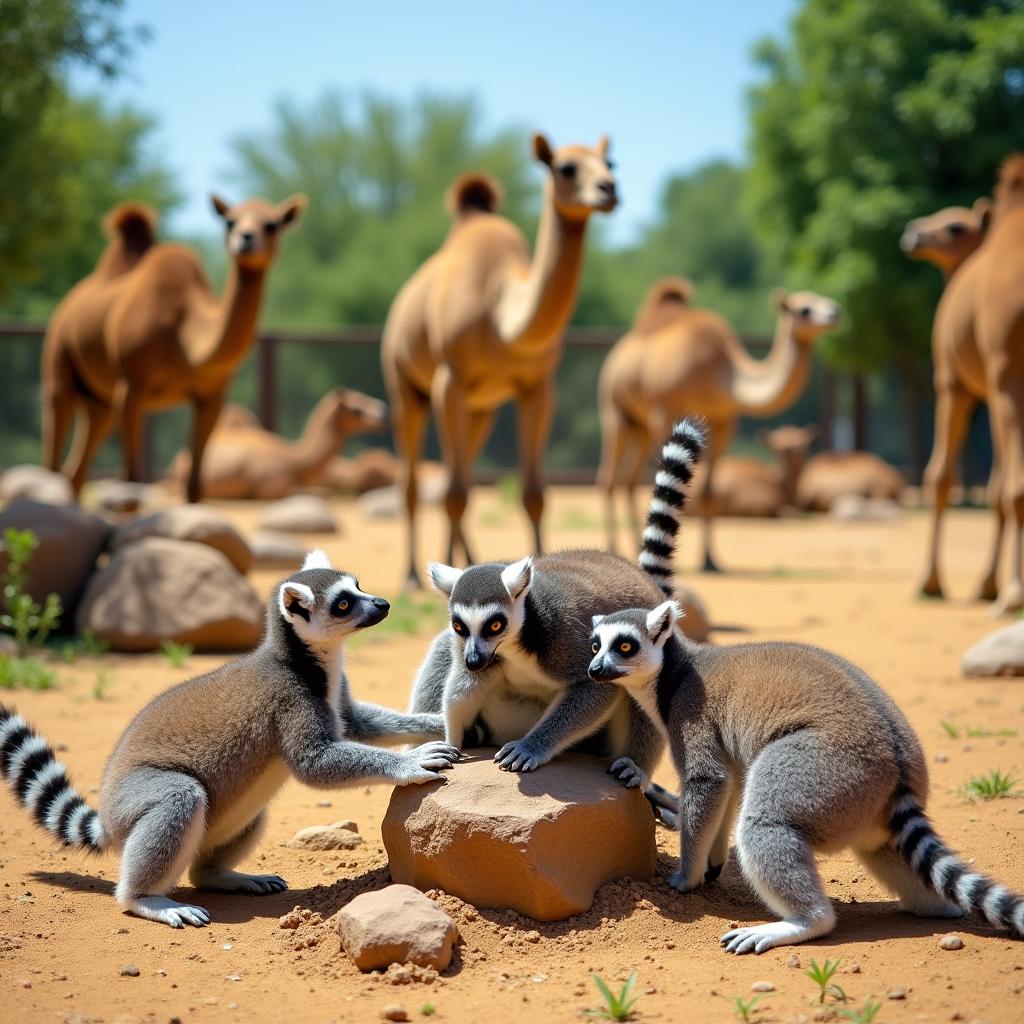 A lively scene featuring playful lemurs frolicking on the ground, showcasing their energetic and curious nature