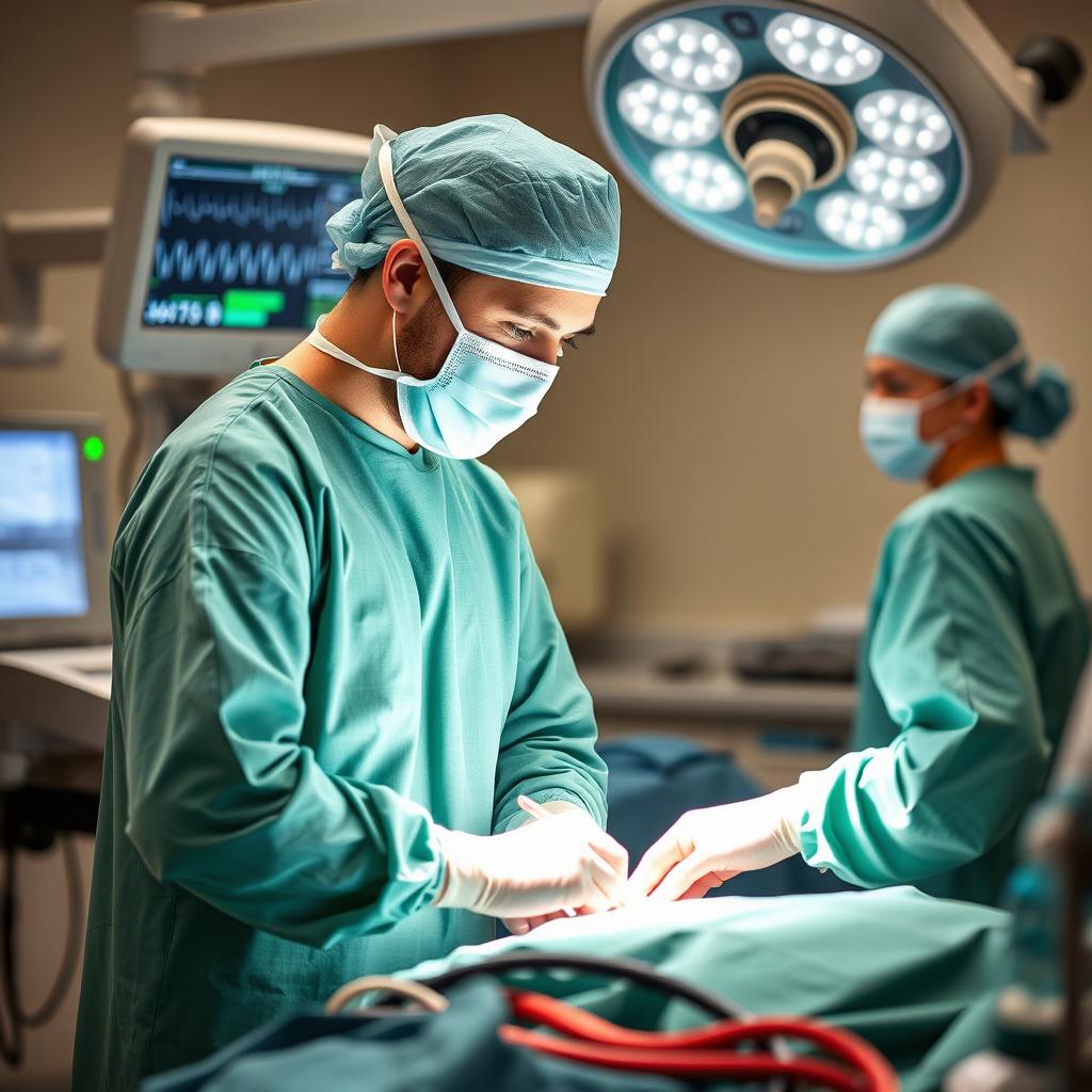 A dedicated surgeon, clad in a green surgical gown and mask, expertly performing a complex surgery in a well-equipped operating room