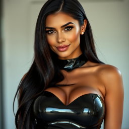 A slender 35-year-old brunette woman with large breasts and a beautiful face, wearing stylish latex clothing
