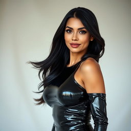 A slender 35-year-old brunette woman with large breasts and a beautiful face, dressed in stylish latex clothing