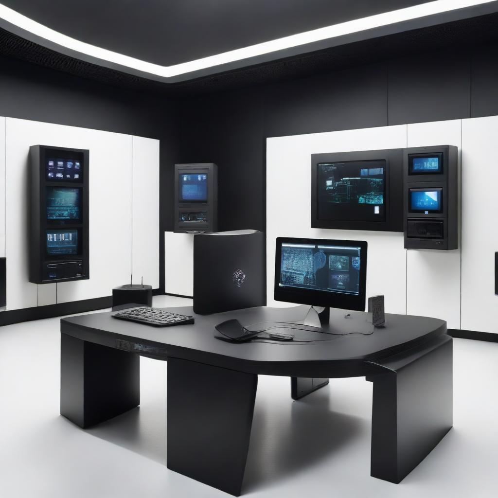 A detailed, high-tech room with an array of gadgets placed elegantly on a table. The walls, painted in a sleek black colour, are adorned with various computer systems.