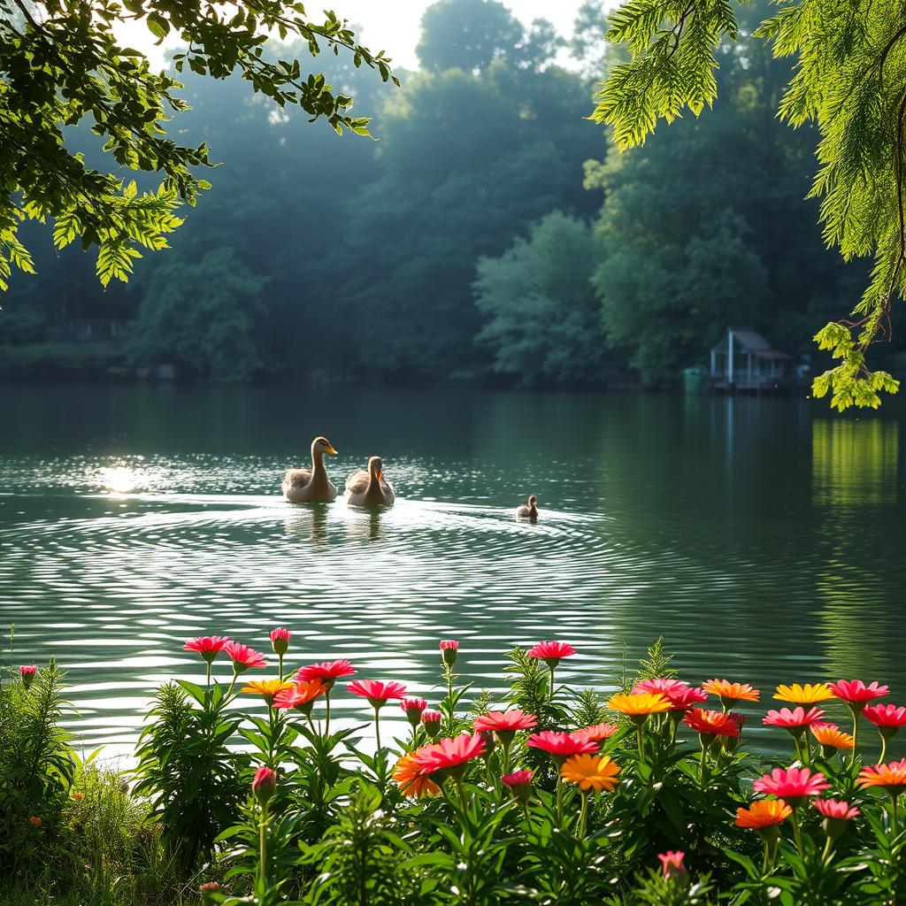 A serene scene of a picturesque lake surrounded by lush greenery, with soft sunlight filtering through the trees, reflecting off the calm water surface