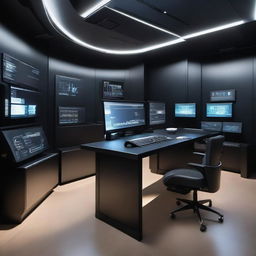 A detailed, high-tech room with an array of gadgets placed elegantly on a table. The walls, painted in a sleek black colour, are adorned with various computer systems.