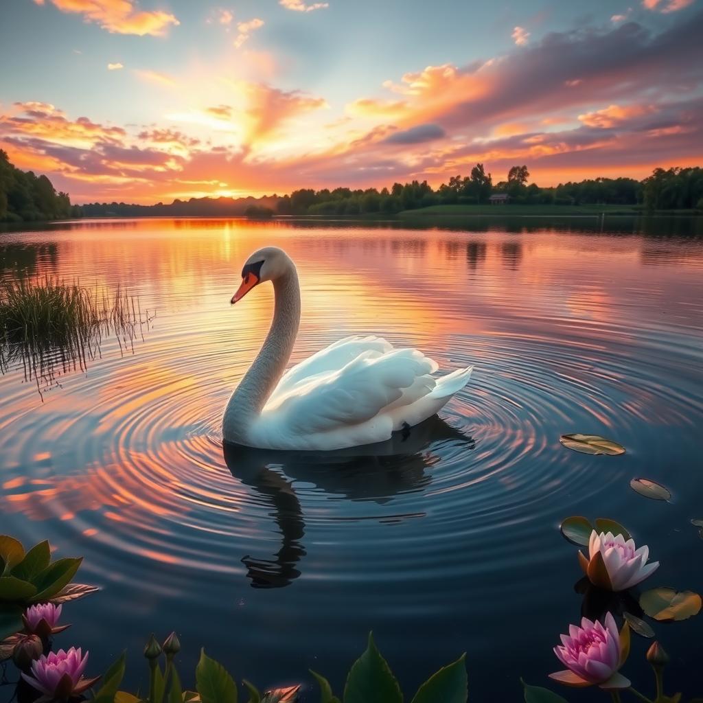 A majestic swan gracefully gliding across a serene lake at sunset, surrounded by lush greenery and blooming flowers
