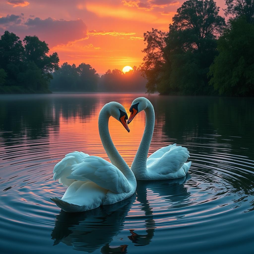 A serene scene of two graceful swans gliding across a tranquil lake, surrounded by lush greenery and soft ripples in the water