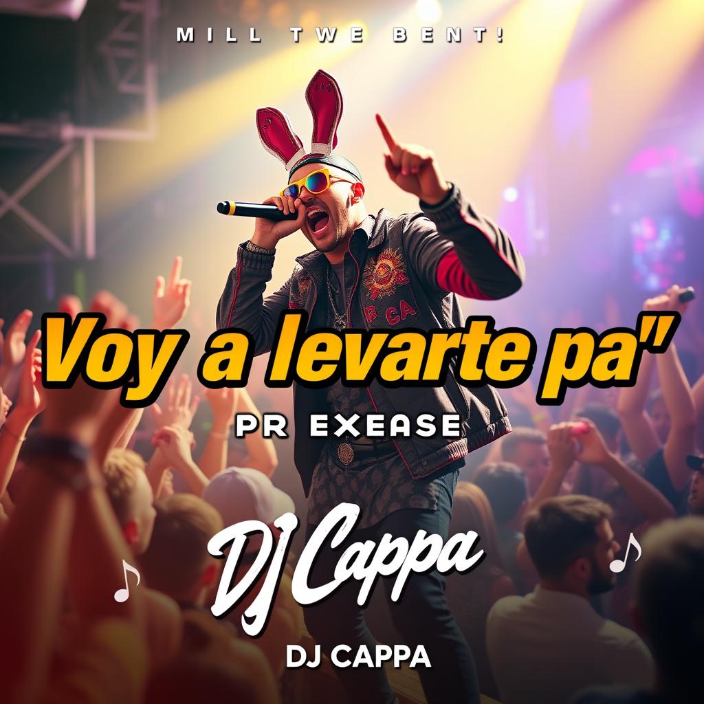 A vibrant and dynamic music thumbnail featuring a prominent image of Bad Bunny performing passionately on stage, surrounded by energetic lighting and a cheering crowd
