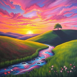 A vibrant and captivating painting of a serene landscape, showcasing rolling hills under a dramatic sunset sky filled with hues of pink, orange, and purple