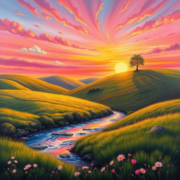 A vibrant and captivating painting of a serene landscape, showcasing rolling hills under a dramatic sunset sky filled with hues of pink, orange, and purple