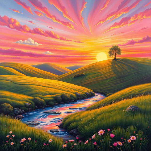 A vibrant and captivating painting of a serene landscape, showcasing rolling hills under a dramatic sunset sky filled with hues of pink, orange, and purple