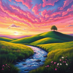 A vibrant and captivating painting of a serene landscape, showcasing rolling hills under a dramatic sunset sky filled with hues of pink, orange, and purple