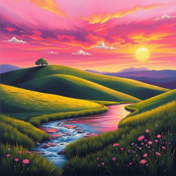 A vibrant and captivating painting of a serene landscape, showcasing rolling hills under a dramatic sunset sky filled with hues of pink, orange, and purple