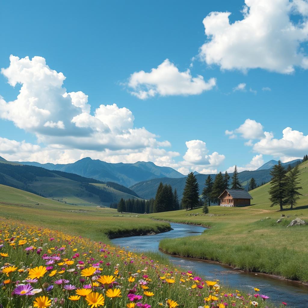 A beautiful, serene landscape where rolling hills transition into majestic mountains under a bright blue sky with fluffy white clouds