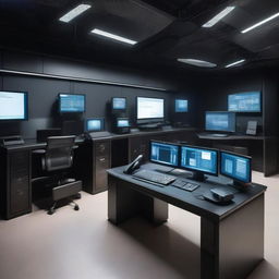 A detailed, high-tech room with an array of gadgets placed elegantly on a table. The walls, painted in a sleek black colour, are adorned with various computer systems.