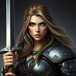 A busty woman inquisitor with striking deep blue eyes and long, flowing light brown hair, clad in heavy plated armor that emphasizes her powerful stature