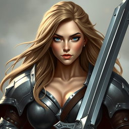 A busty woman inquisitor with striking deep blue eyes and long, flowing light brown hair, clad in heavy plated armor that emphasizes her powerful stature