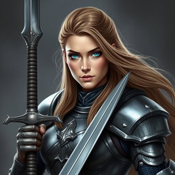 A busty woman inquisitor with striking deep blue eyes and long, flowing light brown hair, clad in heavy plated armor that emphasizes her powerful stature