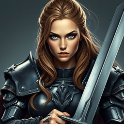 A busty woman inquisitor with striking deep blue eyes and long, flowing light brown hair, clad in heavy plated armor that emphasizes her powerful stature