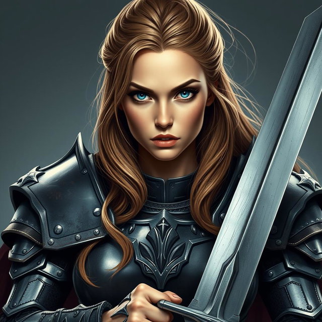 A busty woman inquisitor with striking deep blue eyes and long, flowing light brown hair, clad in heavy plated armor that emphasizes her powerful stature