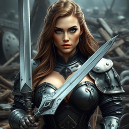 A busty woman inquisitor with deep blue eyes and a very big bust, featuring long light brown hair