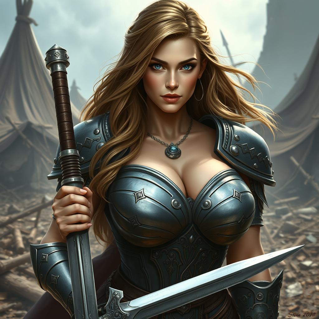 A busty woman inquisitor with deep blue eyes and a very big bust, featuring long light brown hair