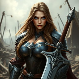 A busty woman inquisitor with deep blue eyes and a very big bust, featuring long light brown hair