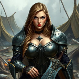 A busty woman inquisitor with deep blue eyes and a very big bust, featuring long light brown hair