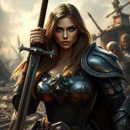 A busty woman inquisitor with deep blue eyes and a very big bust, showcasing her long light brown hair cascading around her shoulders