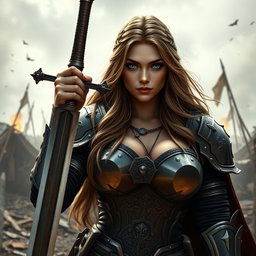 A busty woman inquisitor with deep blue eyes and a very big bust, showcasing her long light brown hair cascading around her shoulders