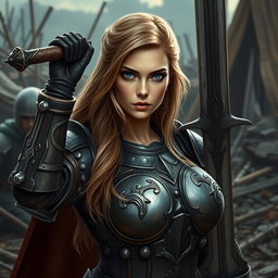 A busty woman inquisitor with deep blue eyes and a very big bust, showcasing her long light brown hair cascading around her shoulders