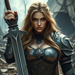 A busty woman inquisitor with deep blue eyes and a very big bust, showcasing her long light brown hair cascading around her shoulders