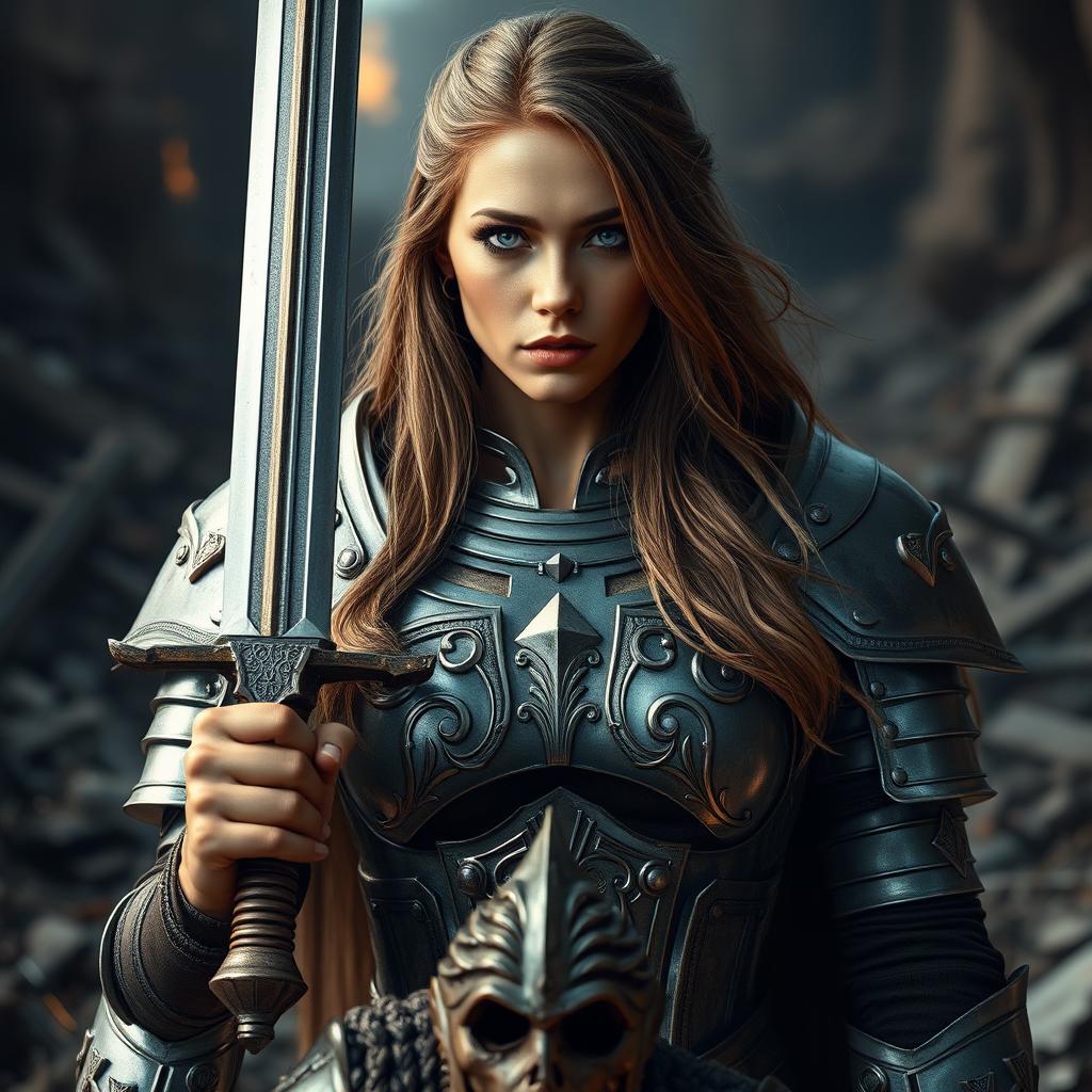 A stunning and powerful woman inquisitor with deep blue eyes and a very large bust, long light brown hair cascading down her shoulders