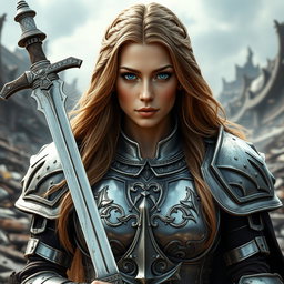 A stunning and powerful woman inquisitor with deep blue eyes and a very large bust, long light brown hair cascading down her shoulders